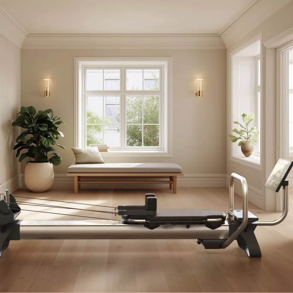 Modern home gym Pilates reformer in bright beige room with large windows, bench seating and indoor plants