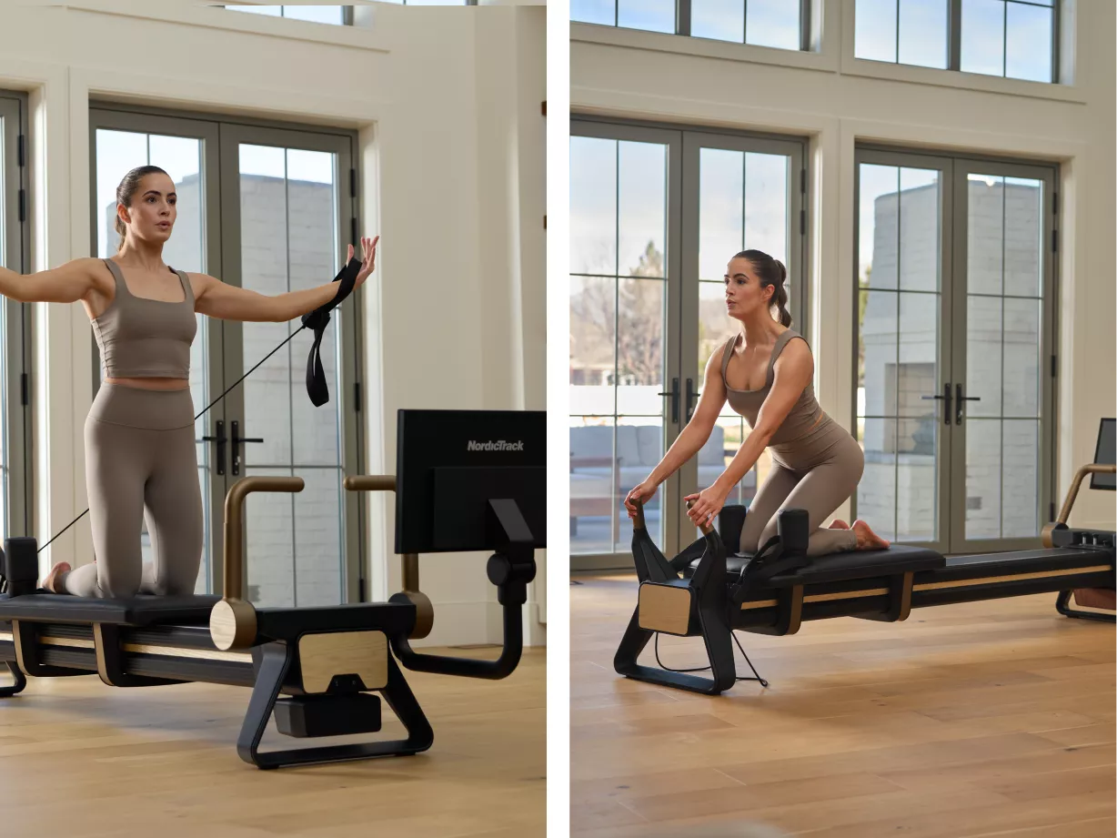 Woman doing Pilates reformer side kick with resistance band, beside touchscreen showing workout class options