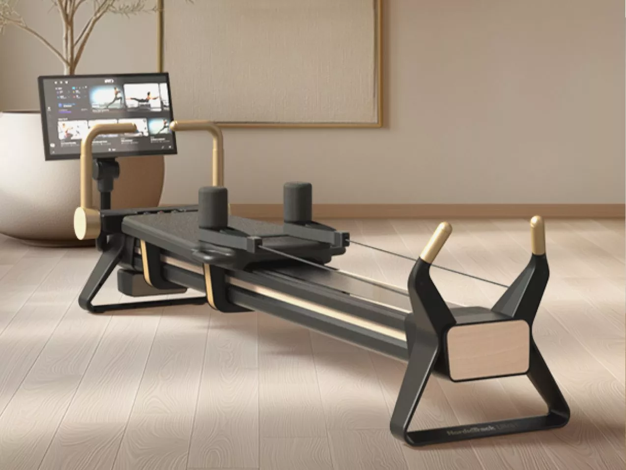 Women stretching on Pilates reformers in modern studio with touchscreen displays and grey curtains for fitness class