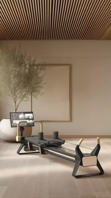 Modern home gym with Pilates reformer, neutral decor, plants and large window in a bright minimalist room