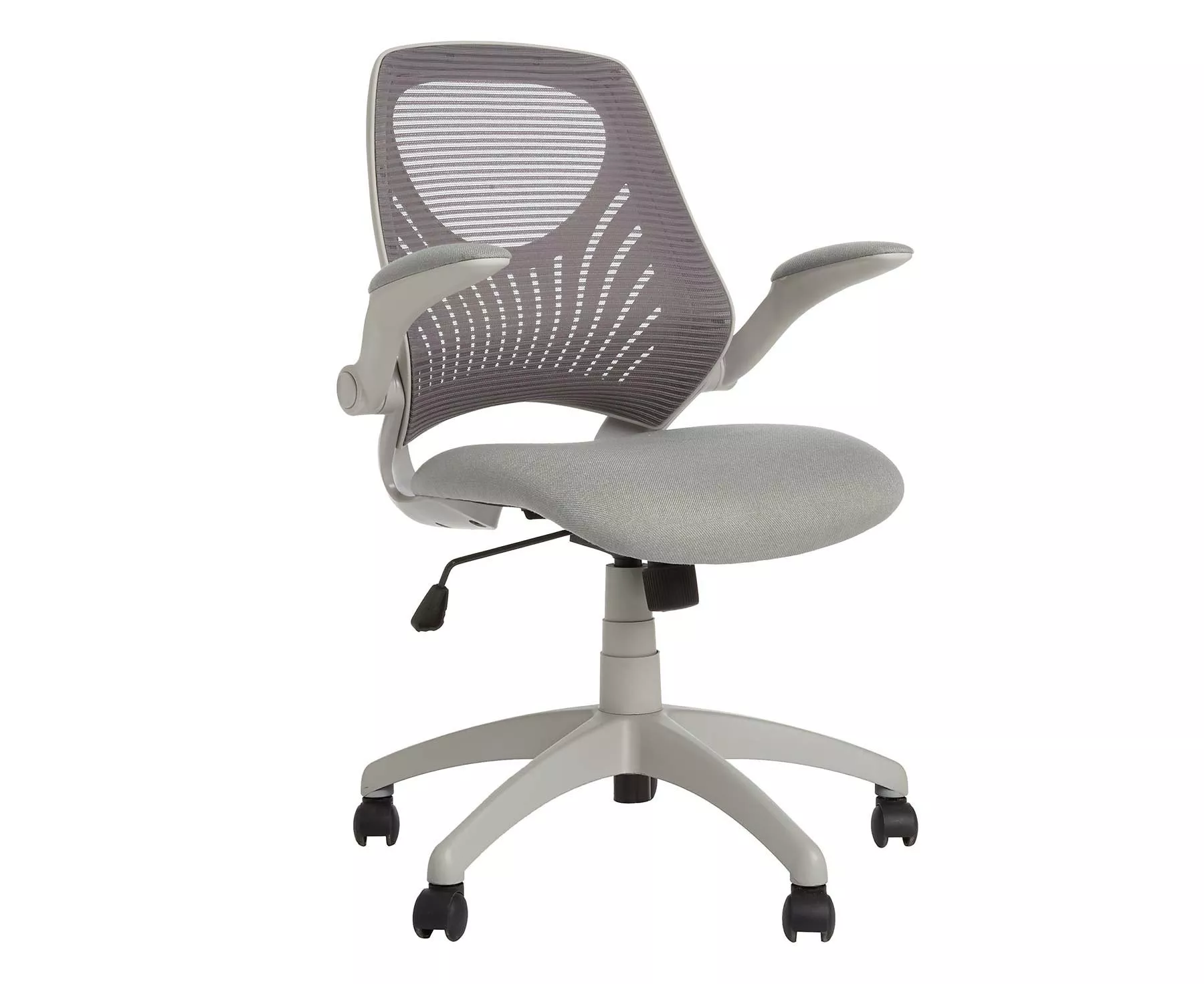 Modern office chair with grey mesh backrest, cushioned seat, and adjustable armrests on a wheeled base.