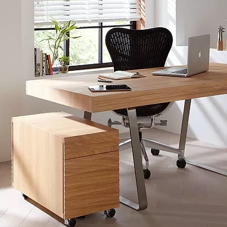 Modern office with a wooden desk, ergonomic chair, and a laptop. Natural light and plants enhance the space.