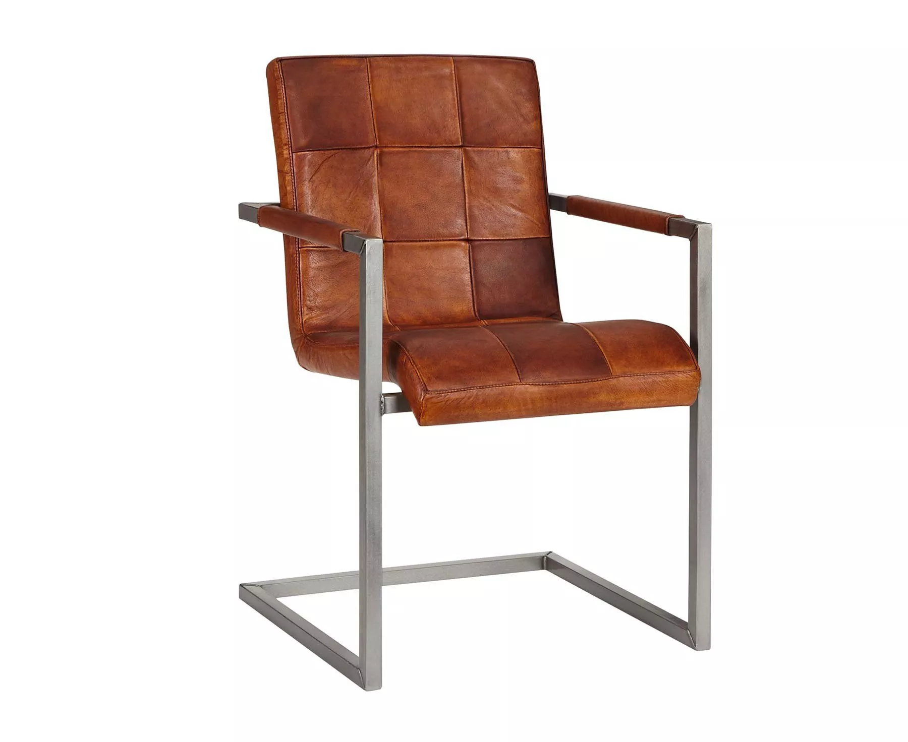 Brown leather chair with a steel cantilever frame and armrests, featuring a tufted seat and backrest.