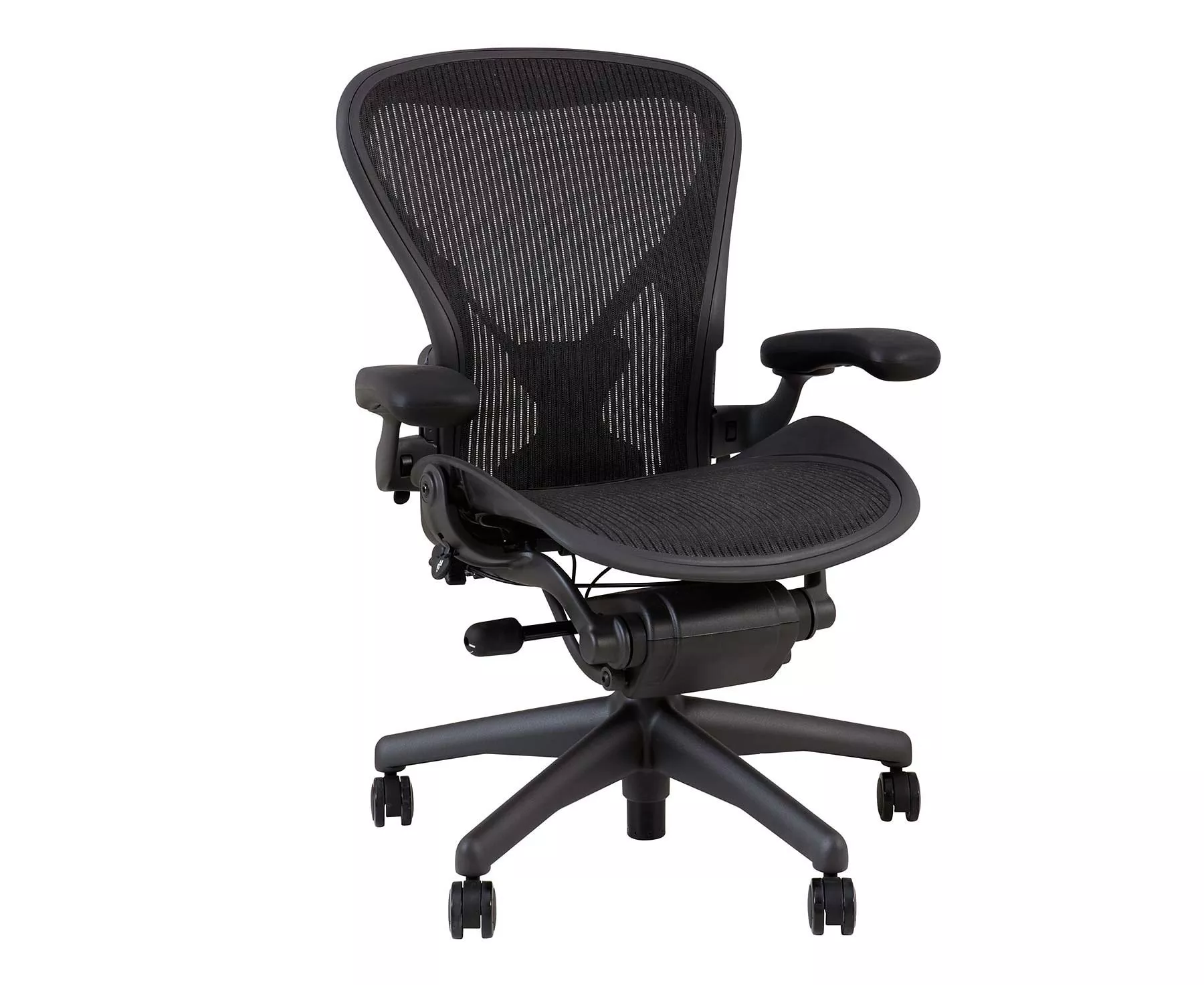 Ergonomic black office chair with mesh backrest and adjustable armrests on a five-wheel base.