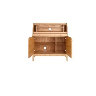 Stylish wooden cabinet with open doors, featuring multiple shelves and compartments for versatile storage.