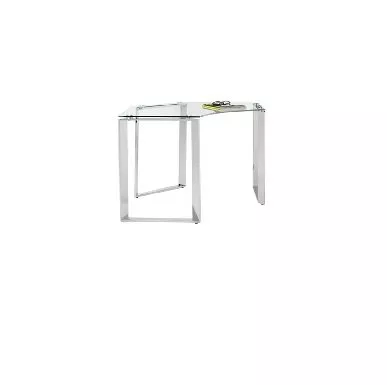 Modern glass corner desk with sleek metal legs, featuring a transparent design ideal for small spaces.
