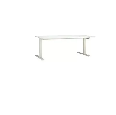 Sleek white rectangular office desk with minimalist metal legs, ideal for modern workspace setups.