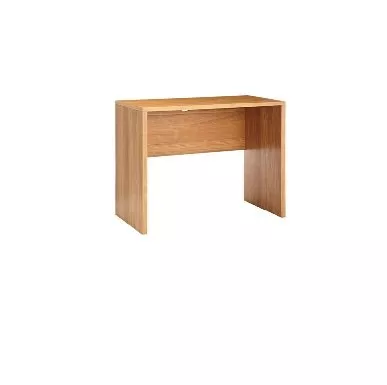 Compact wooden desk with a minimalist design, featuring a smooth surface and sturdy vertical sides. Ideal for small spaces.