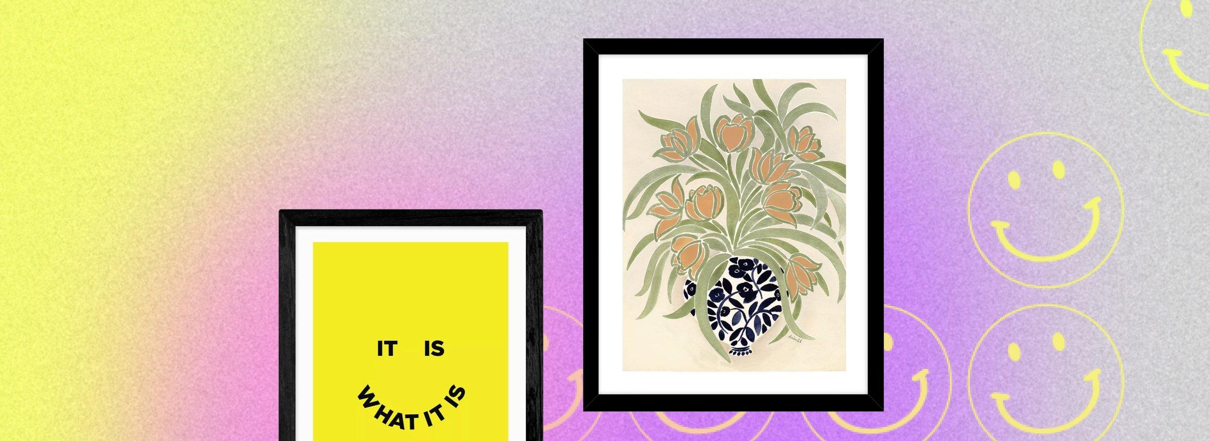 cutout of a mirror on a multicolour bacground with smiley faces on it