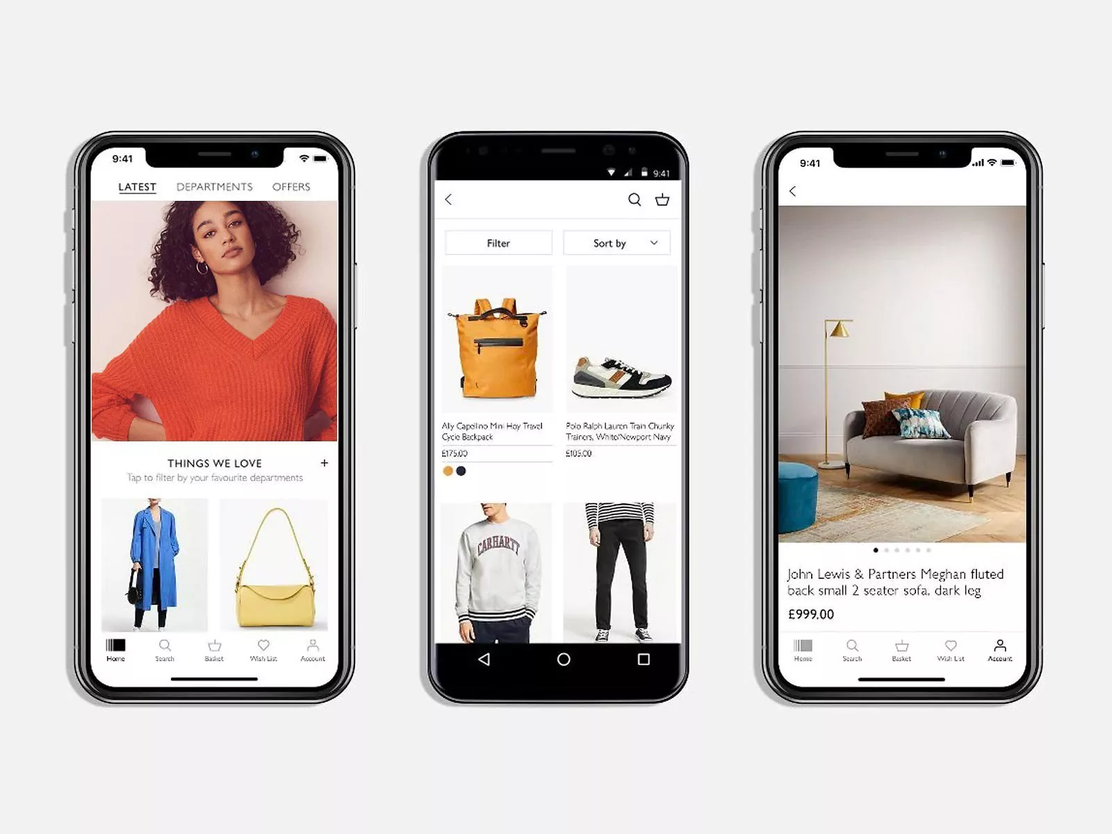 Three smartphones displaying online shopping app screens with fashion, accessories and sofa product listings
