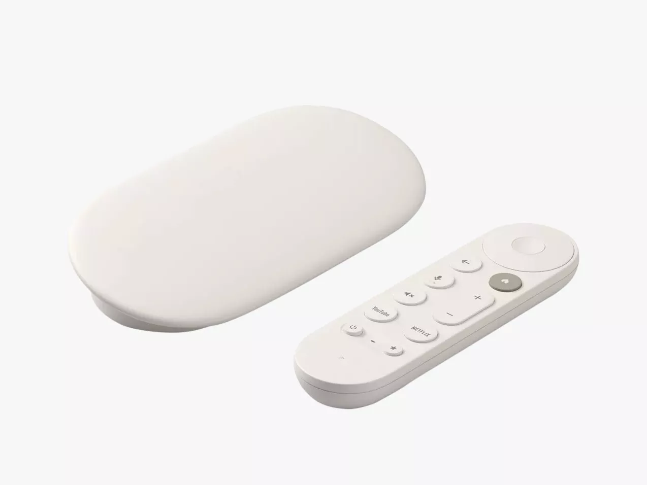White streaming media player dongle with remote control, featuring YouTube and Netflix buttons on a white background