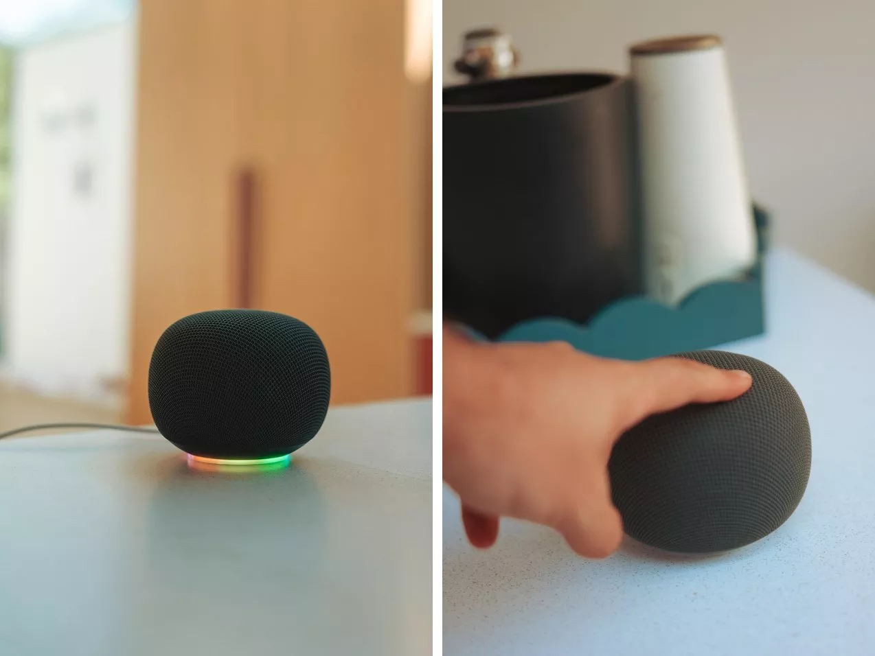 Google Home smart speaker with LED light ring on box, plus another speaker beside coffee machine on counter