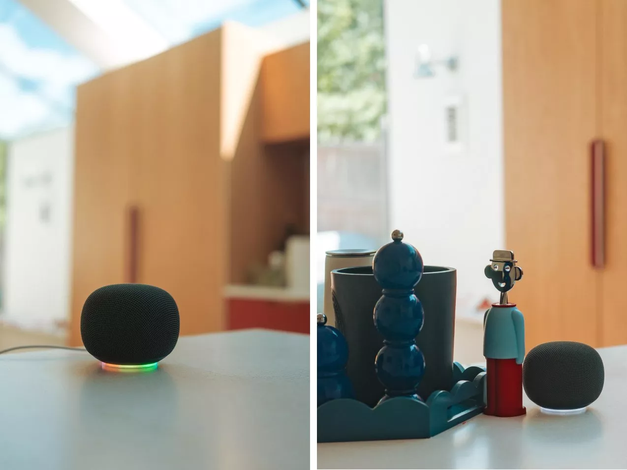 Google Home smart speaker with LED light ring on box, plus another speaker beside coffee machine on counter