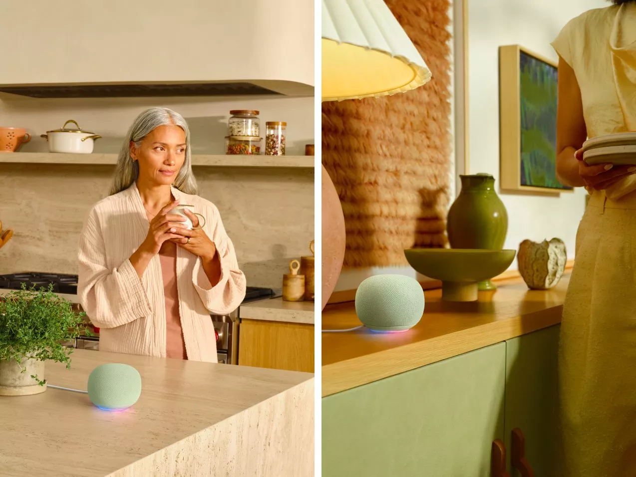 Woman in modern kitchen holding a mug beside a mint smart speaker on worktop, warm home interior scene