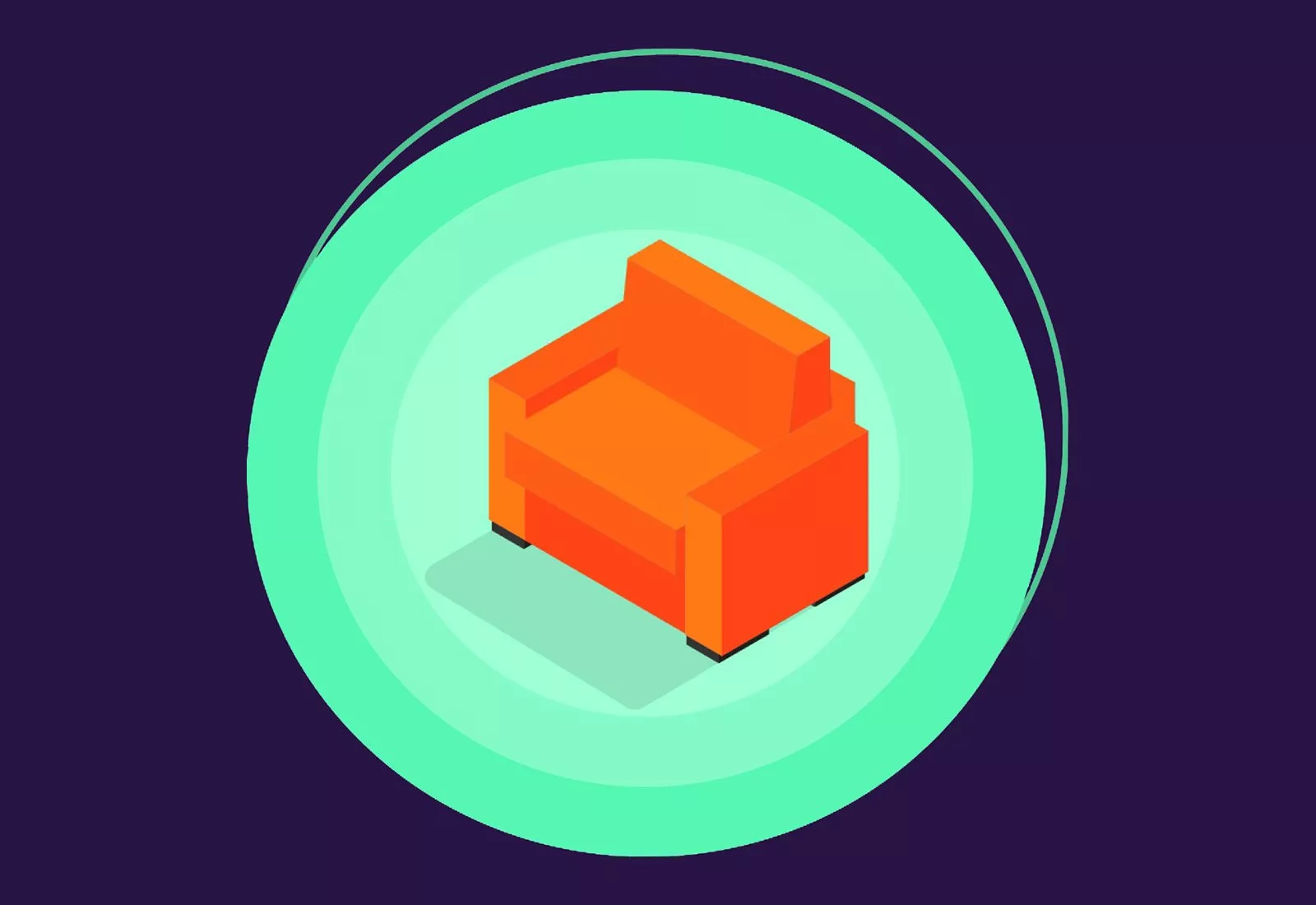 Isometric orange armchair icon on green circular background, modern furniture illustration for interior design