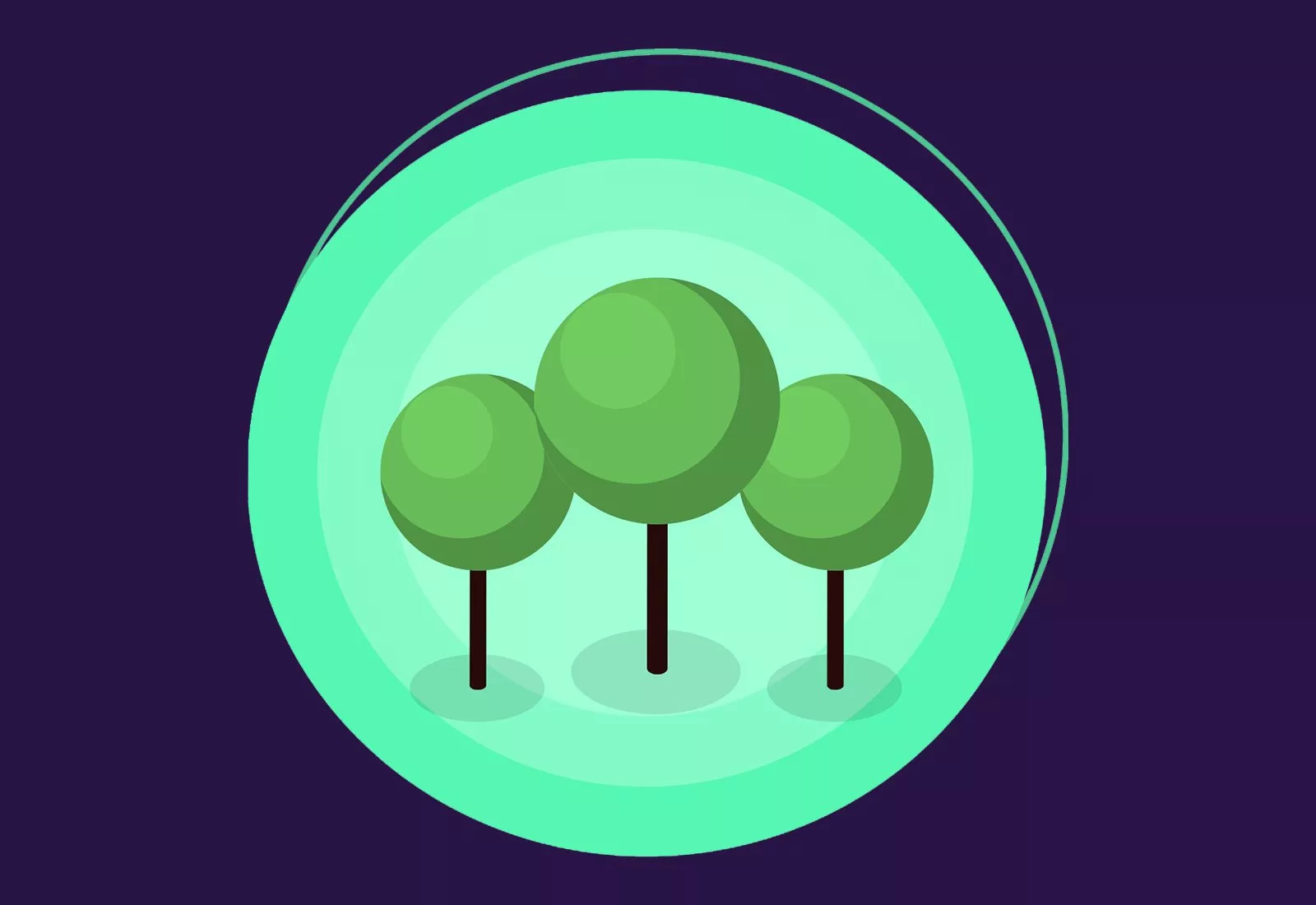 Flat vector illustration of three green trees on a teal circular background, eco nature icon design