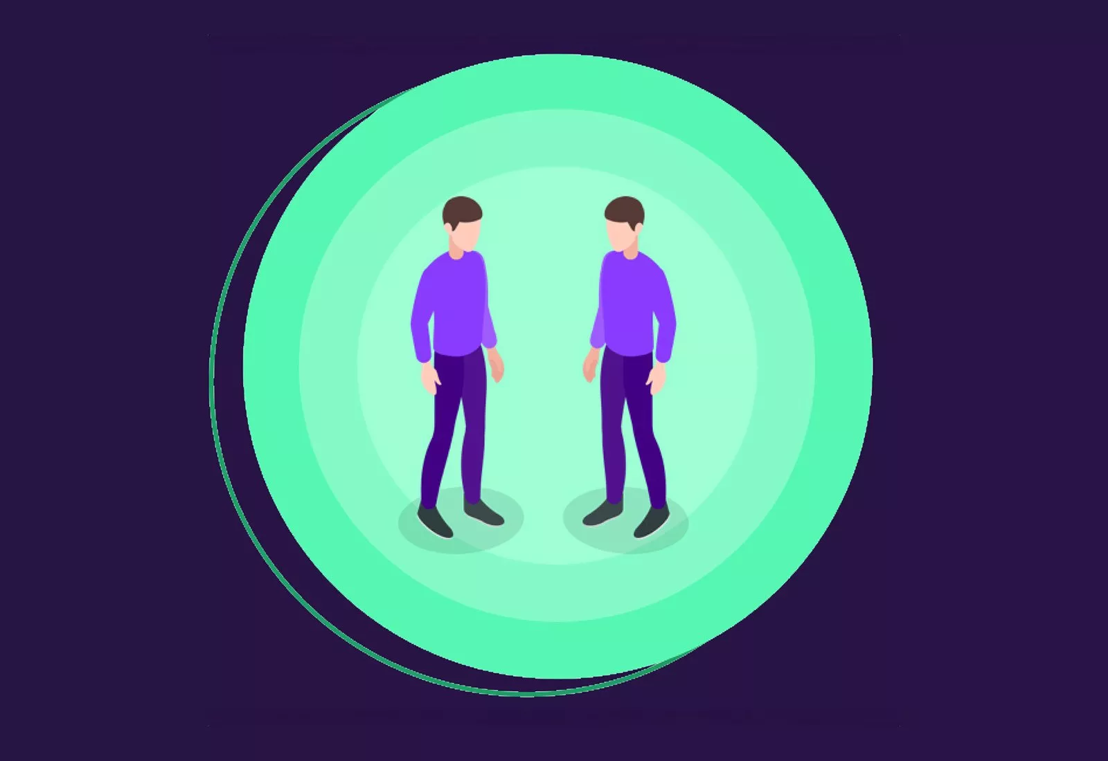 Two male figures facing each other inside glowing green circles, digital illustration of personal space and distancing