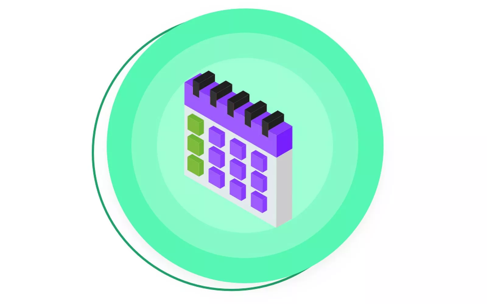 3D isometric calendar icon with purple and green blocks on a mint green circular background, planning concept