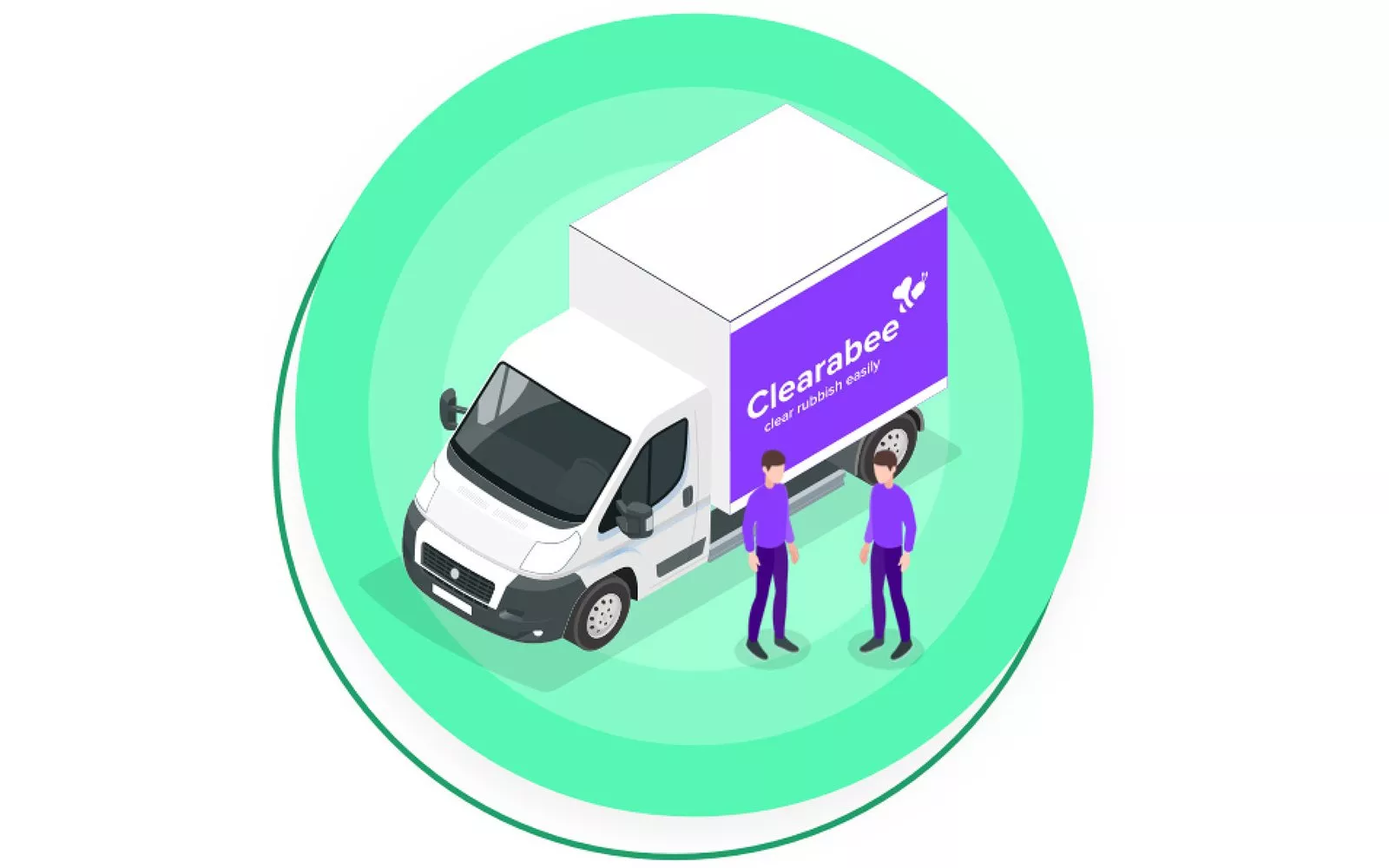 Clearabee rubbish removal truck with branded purple panel and two staff, eco-friendly waste clearance service