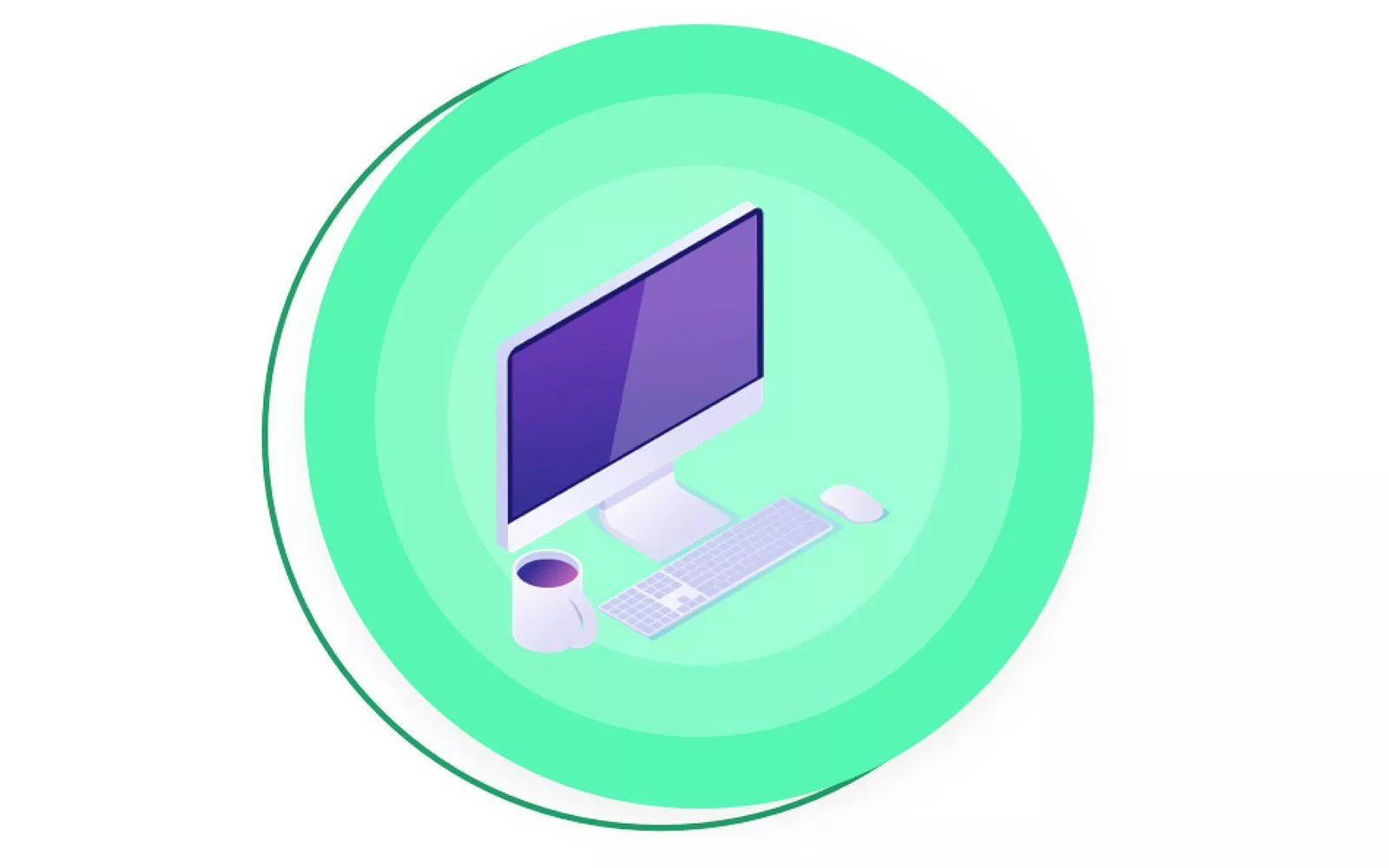 Isometric desktop computer workstation with monitor, keyboard, mouse and coffee mug on green circular background