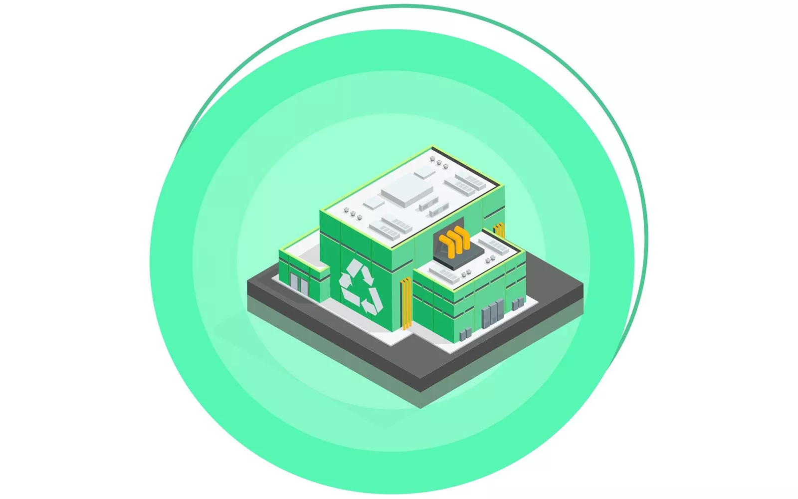 Isometric green recycling plant illustration with circular eco background, showing sustainable waste processing facility