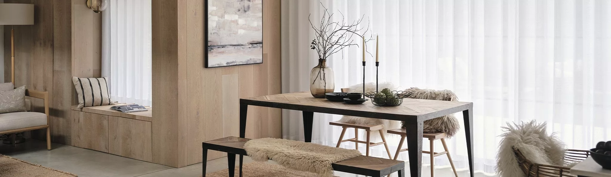 living room with white sheer curtains