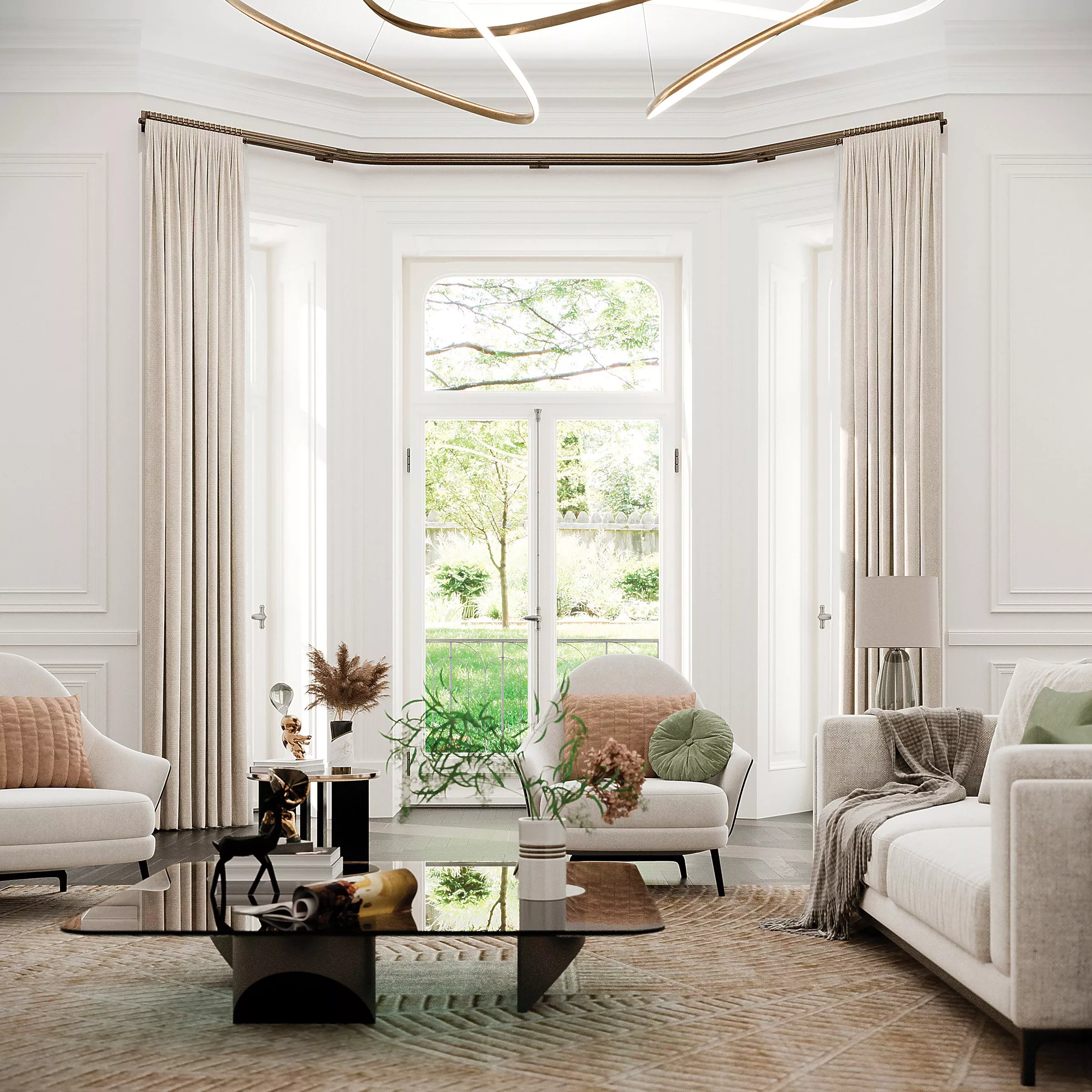Living room with white sofas and beige floor length curtains on a bay window
