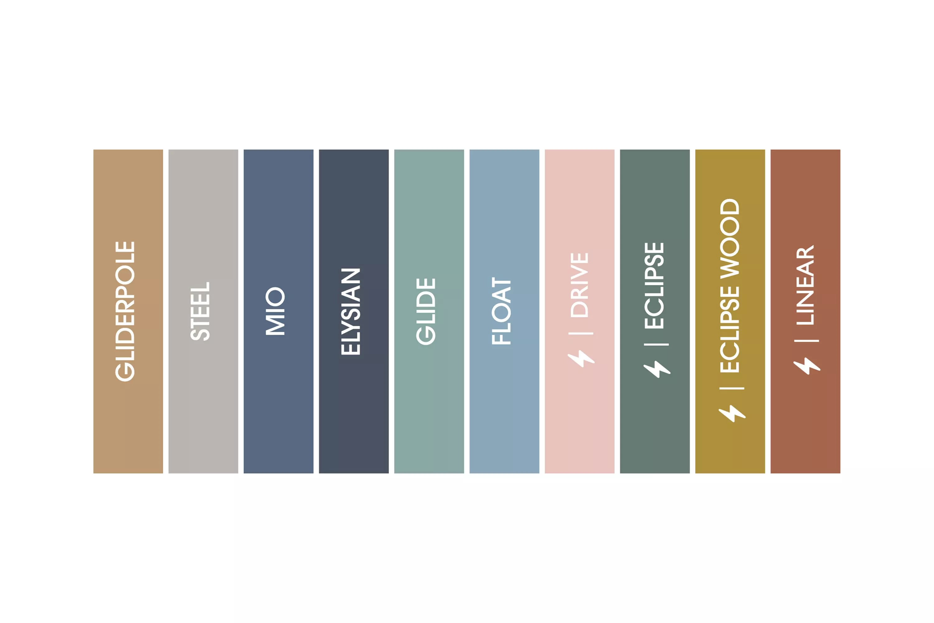 List of collections: Gliderpole. Steel, Mio, Elysian. Glide, Float, Drive, Eclipse, Eclipse Wood, Linear