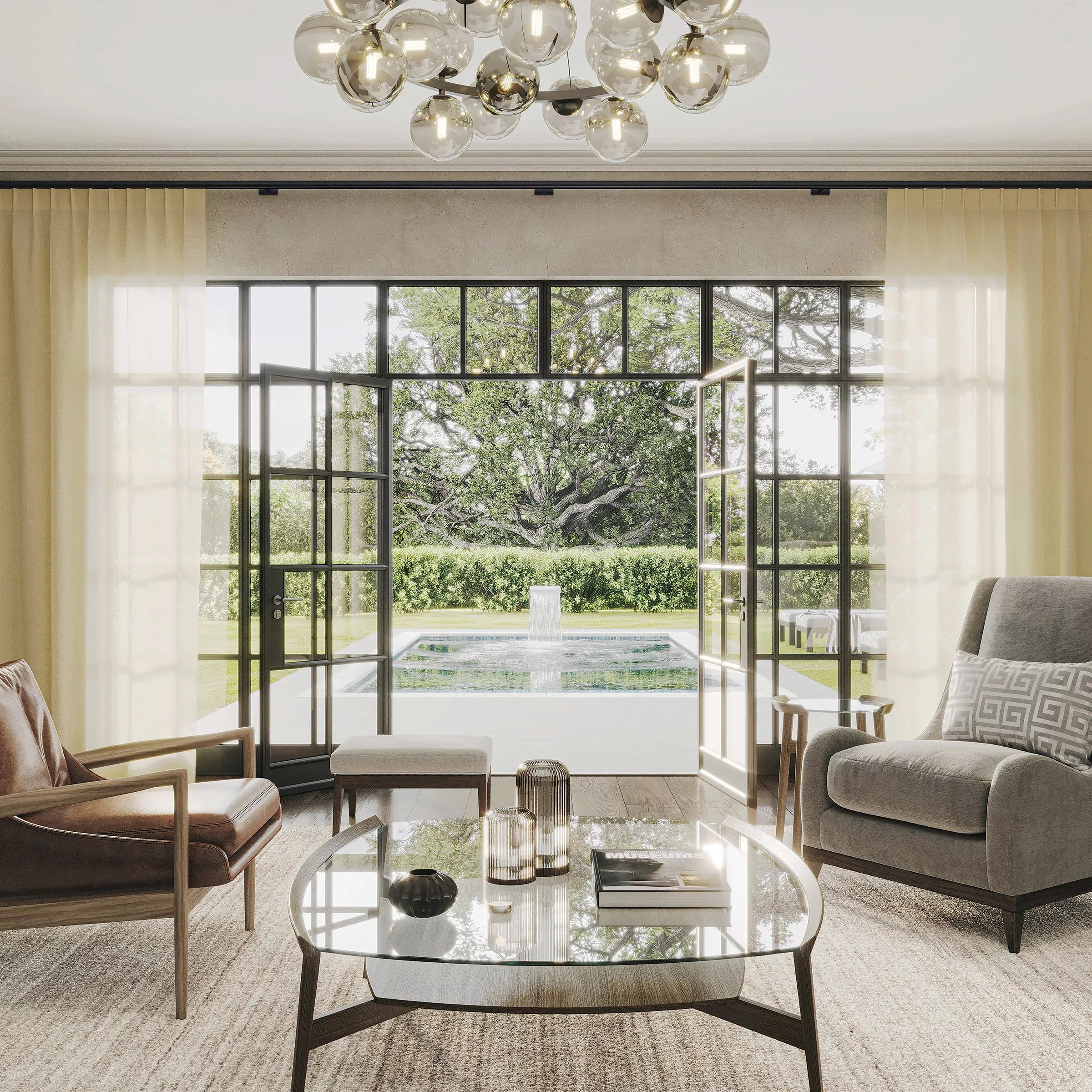 Living room with patio doors opening onto a pool area, framed by yellow sheer curtains