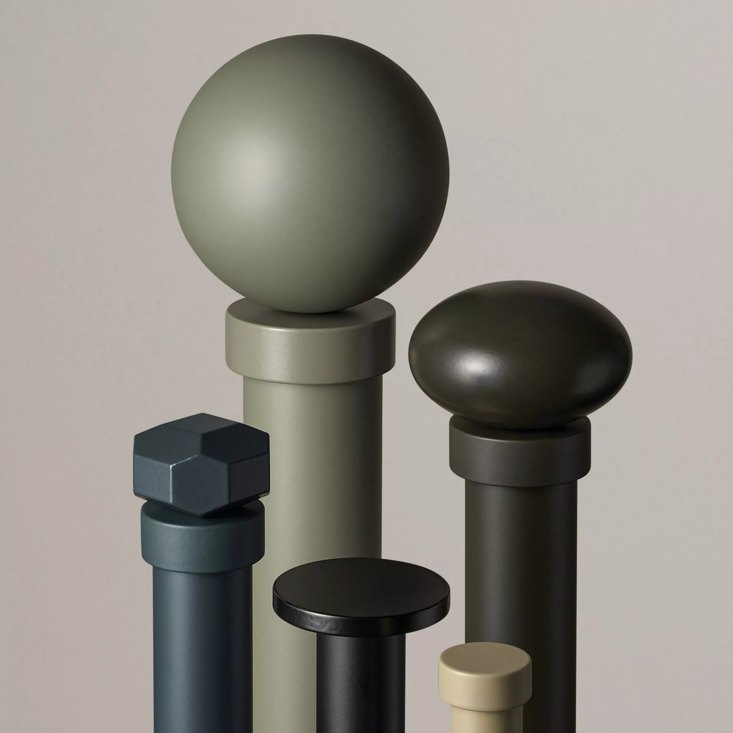 Curtain rails in green, blue and black