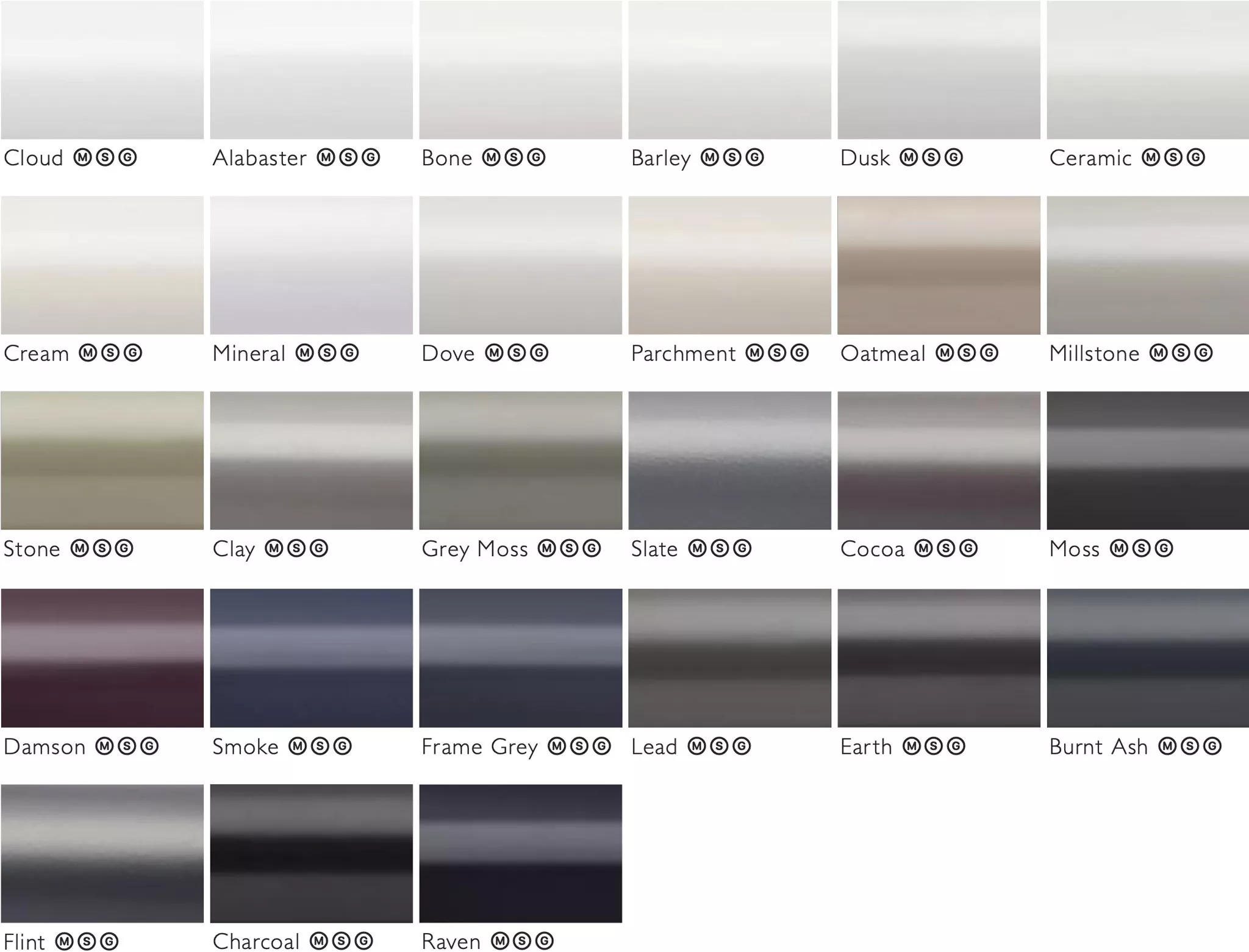 Swatches: Cloud, Alabaster, Bone, Barley, Dusk, Ceramic, Cream, Mineral, Dove, Parchment, Oatmeal, Millstone, Stone, Clay, Grey Moss, Slate, Cocoa, Moss, Damson, Smoke, Frame Grey, Lead, Earth, Burnt Ash, Flint, Charcoal, Raven 