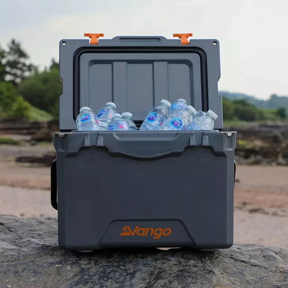 grey with orange clasps Vango cool box open with water bottles inside