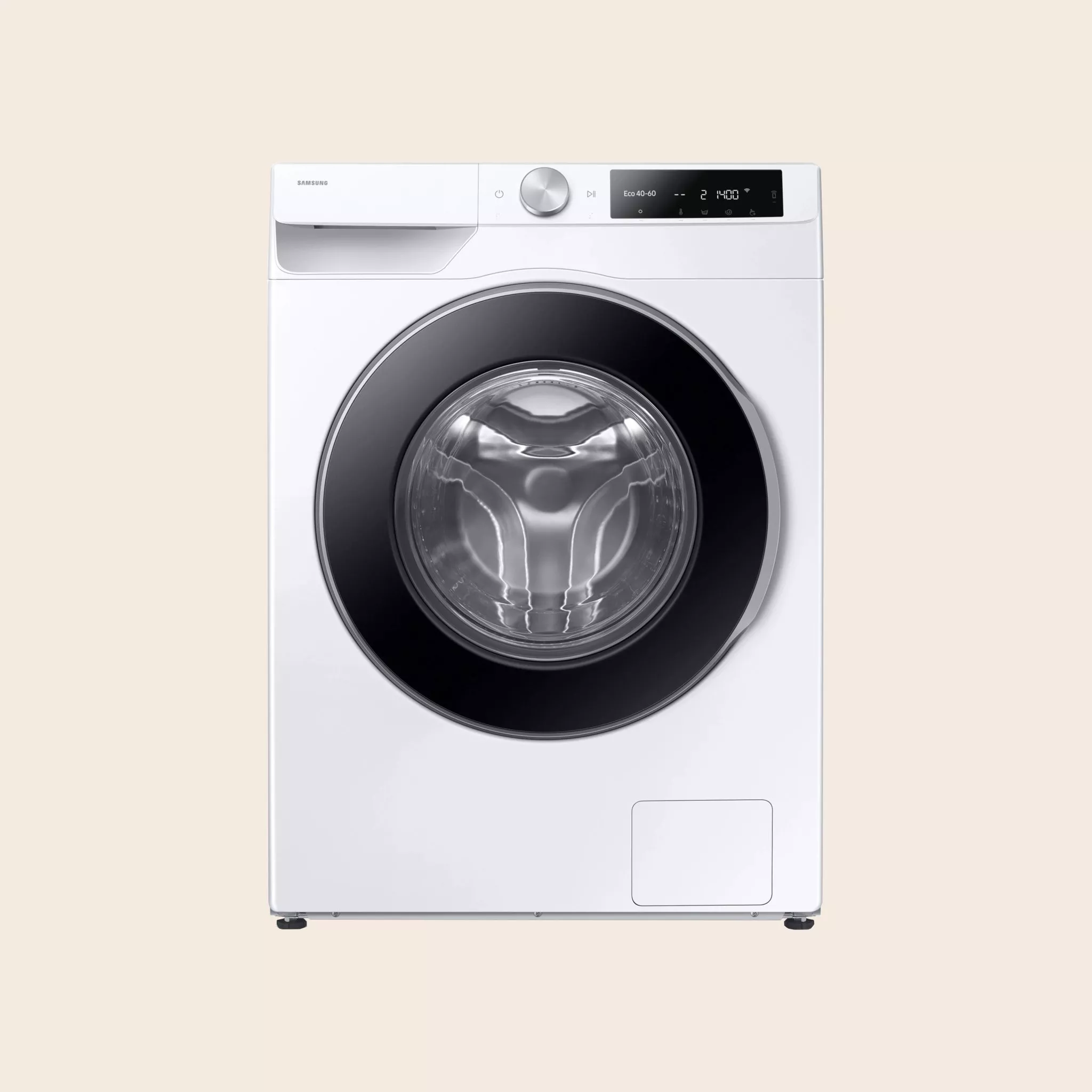 Modern white front-load washing machine with digital controls and sleek design on a beige background.