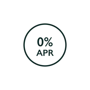 Circular icon with "0% APR" in bold text, indicating a promotional zero percent annual percentage rate offer.