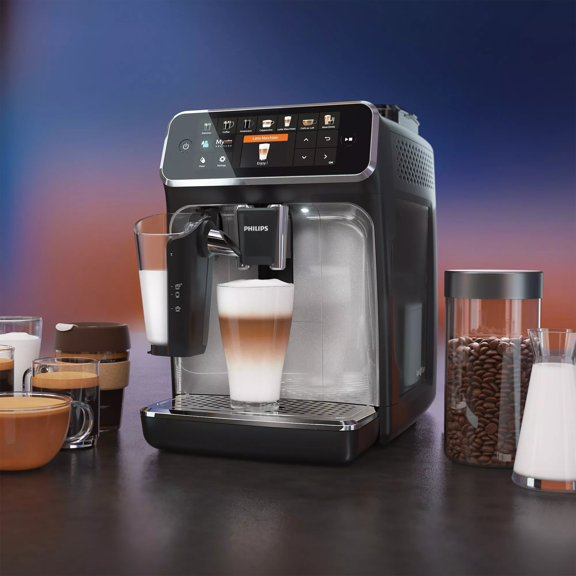 Black coffee machine with a prepared latte