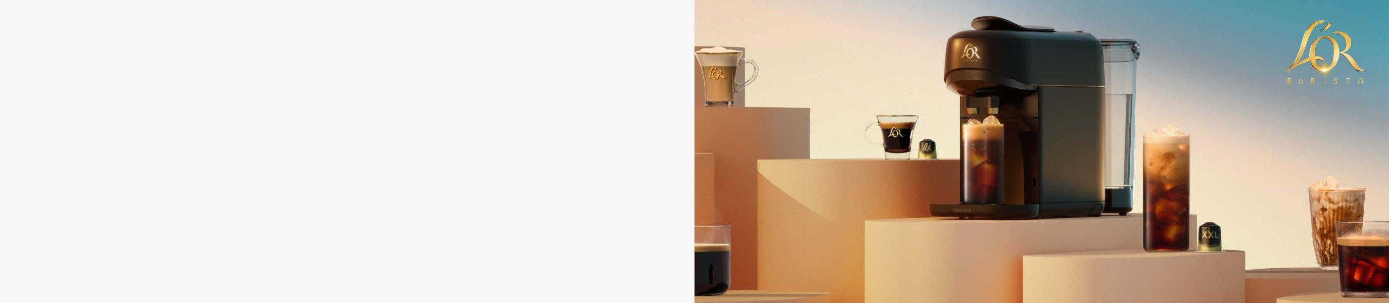 Philips L'or Coffee machine, sitting on beige plinths with various different coffees sitting on other plinths with a blue sunset and gold L'Or logo in top right corner