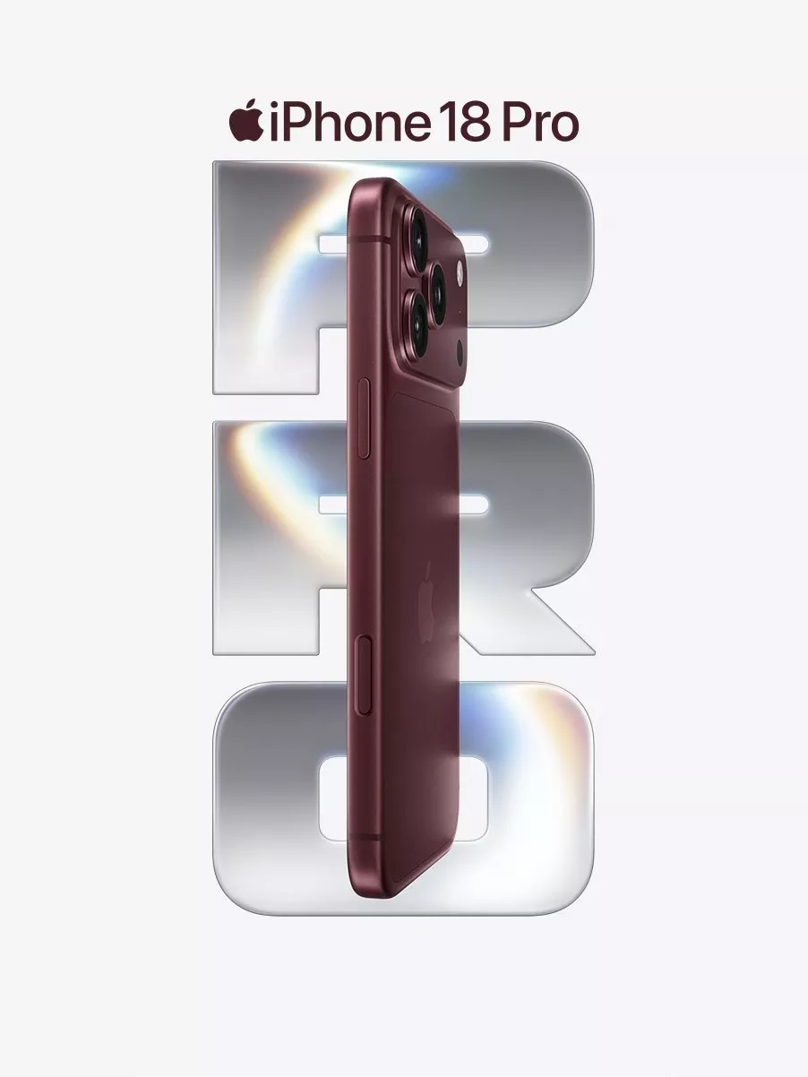 Apple iPhone 18 Pro in burgundy, side profile with triple camera module, over metallic “PRO” text background