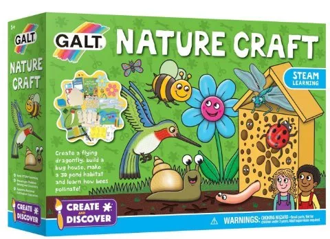 Galt Nature Craft kids’ activity set box with bug house, flower, dragonfly and pond habitat craft projects illustration