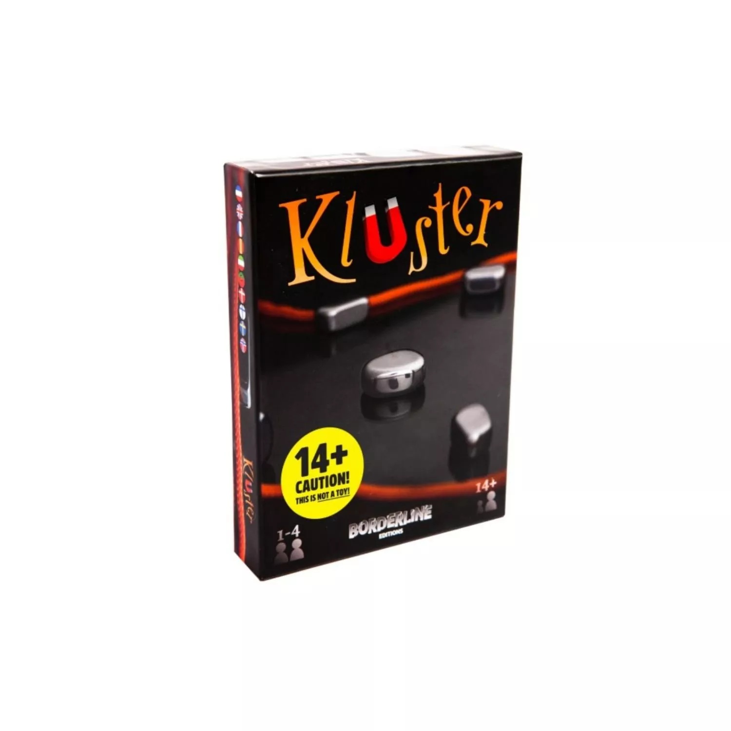 Kluster magnetic board game box cover, showing magnets, 14+ age warning and Borderline Editions family party game branding