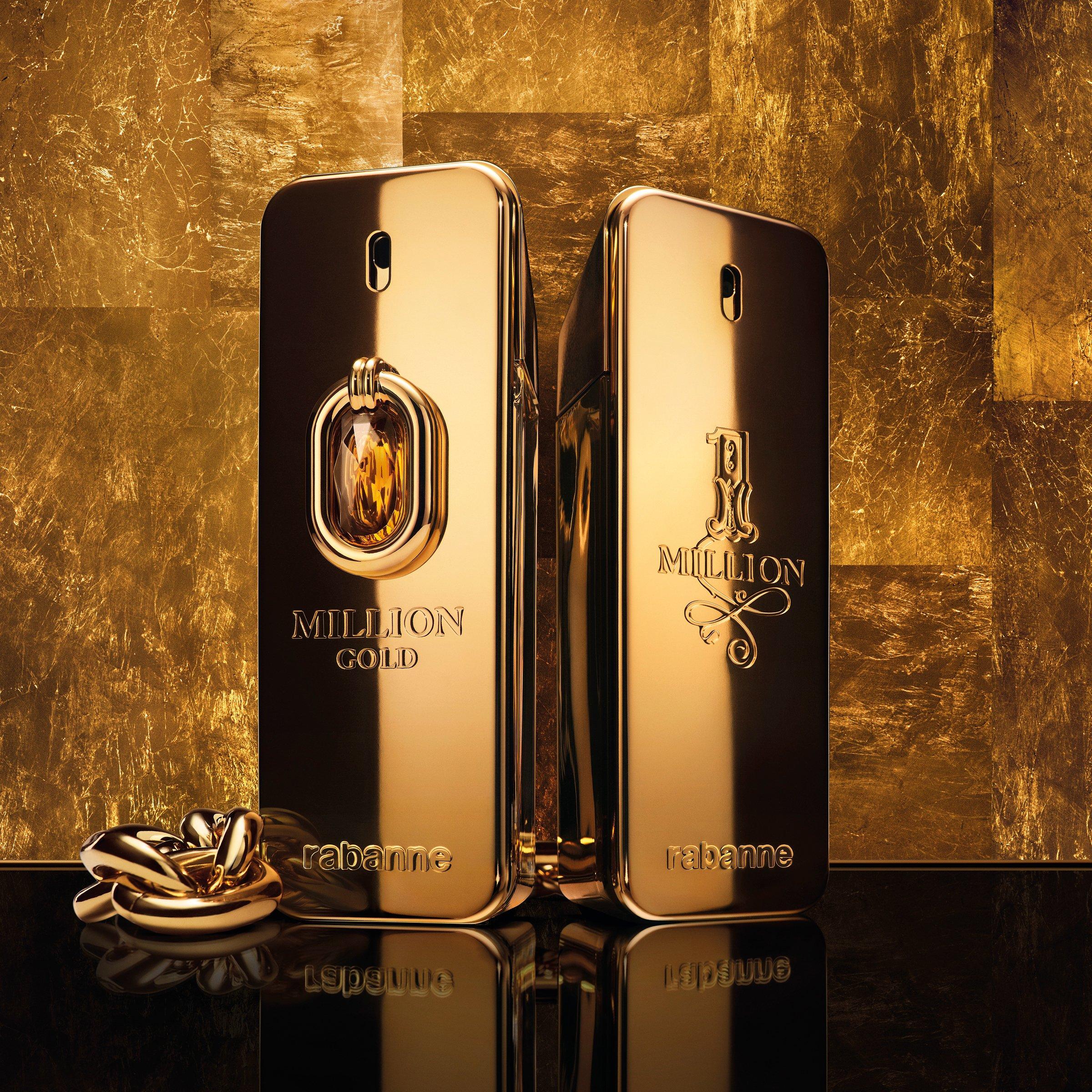 bottle of Million Gold Elixir Parfum Intense by robanne on a gold baground