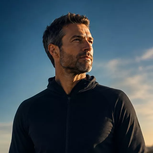 Outdoor portrait of man in black hoodie, looking into distance at sunset with dramatic sky background
