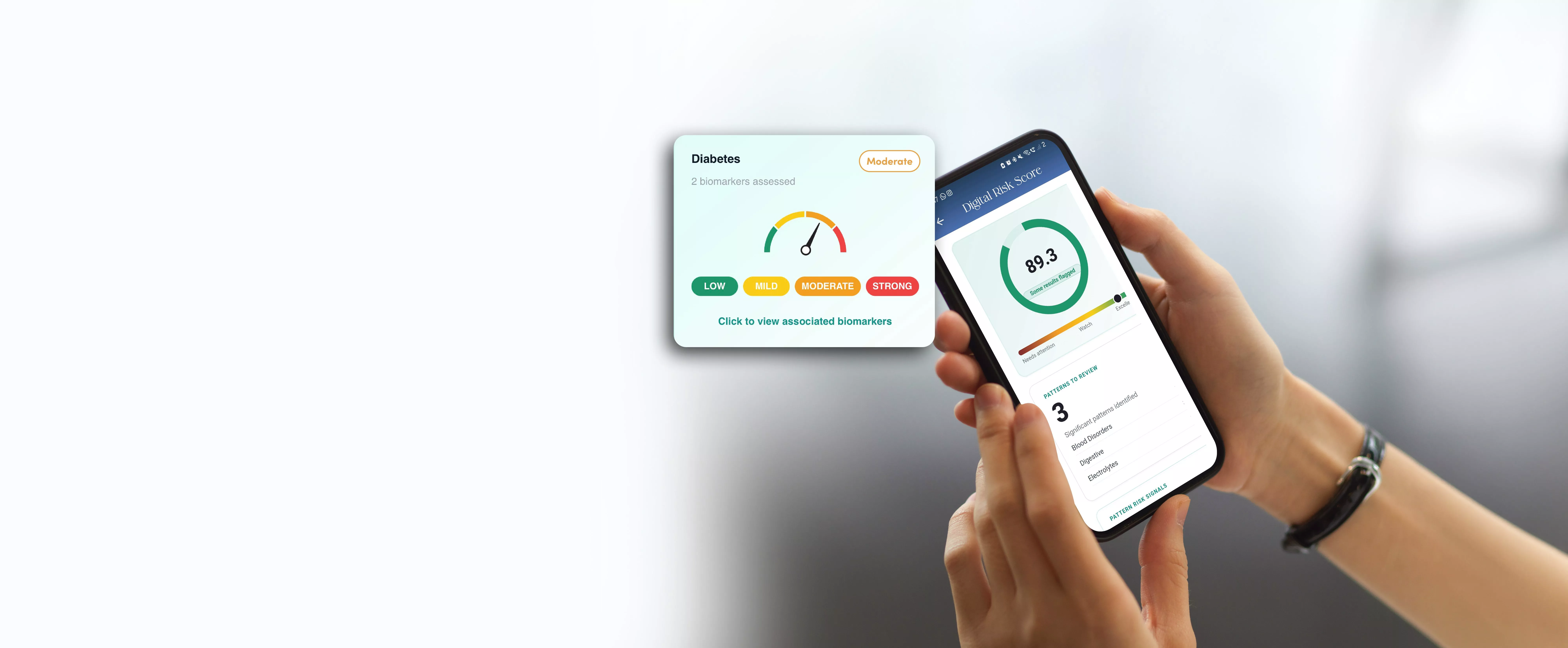 Hands holding smartphone showing digital health risk score dashboard and diabetes biomarker risk gauge interface