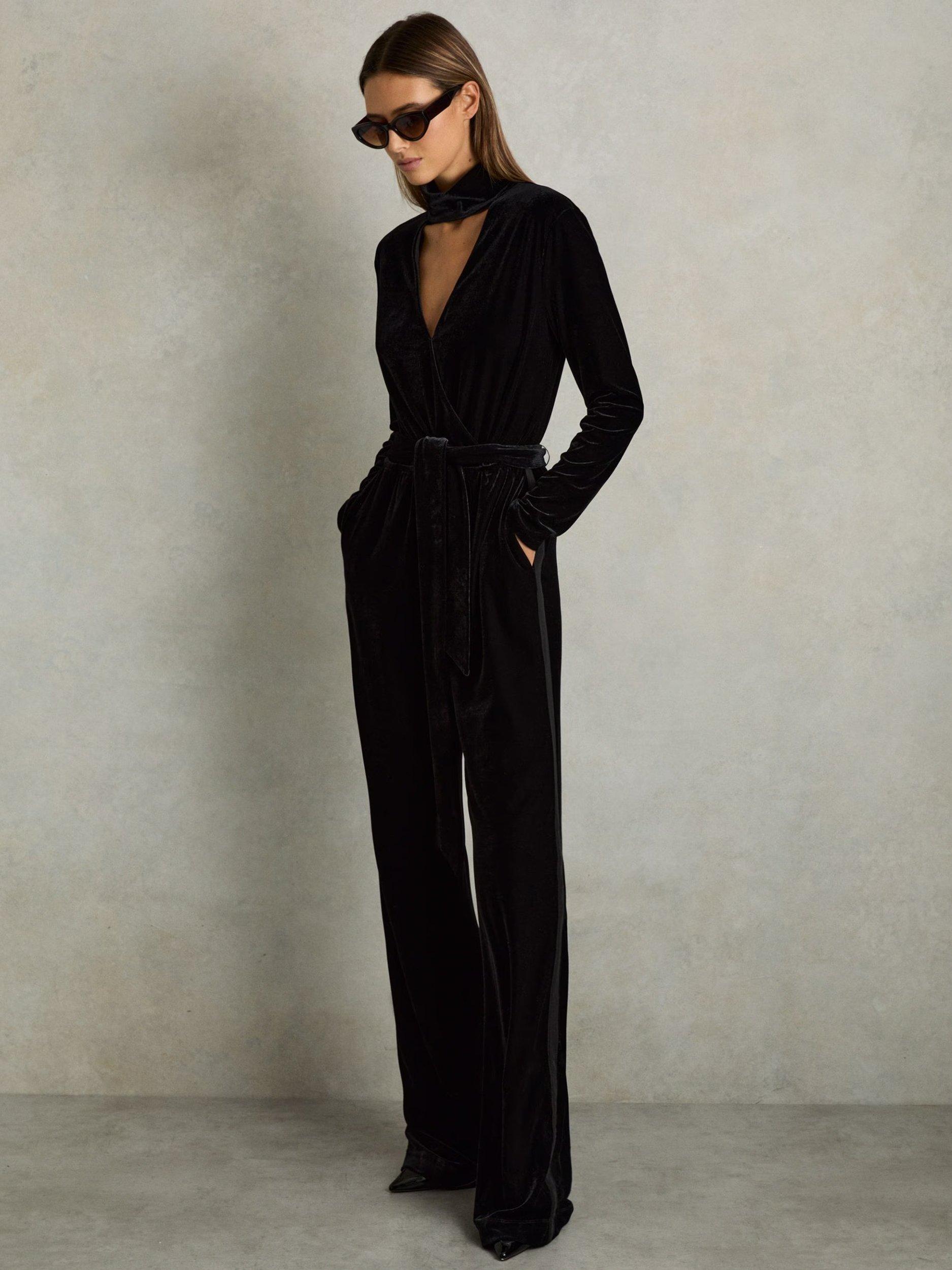 Reiss Petite Vera Velvet Wide Leg Jumpsuit, Black £188.00