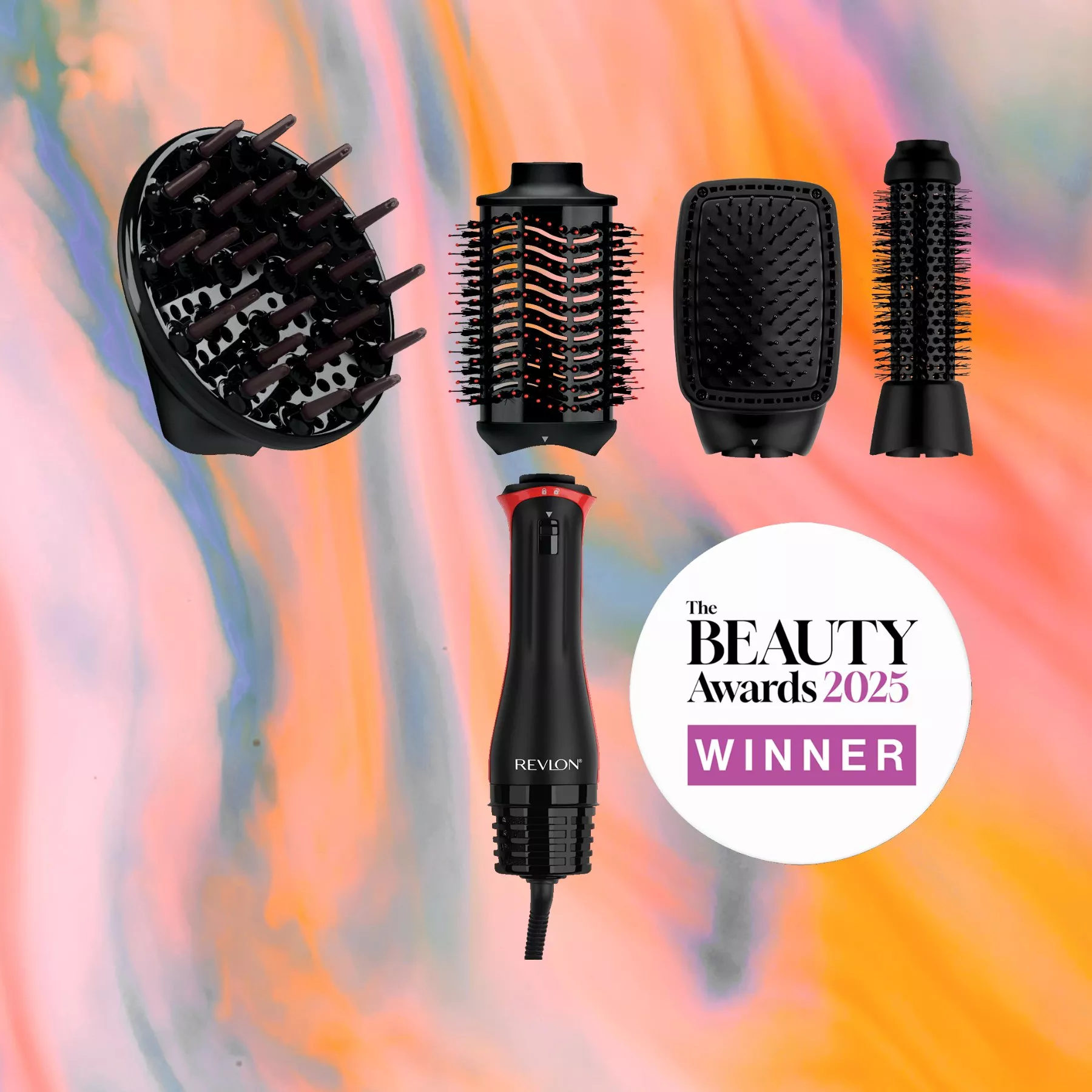 Hair styling tool set with five attachments on a colourful, abstract background. Includes brush and curling options.
