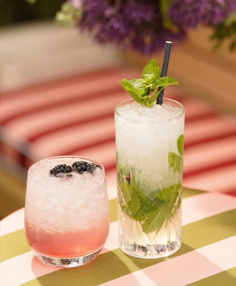 Two refreshing cocktails on a striped tablecloth: one with blackberries, the other garnished with mint leaves.