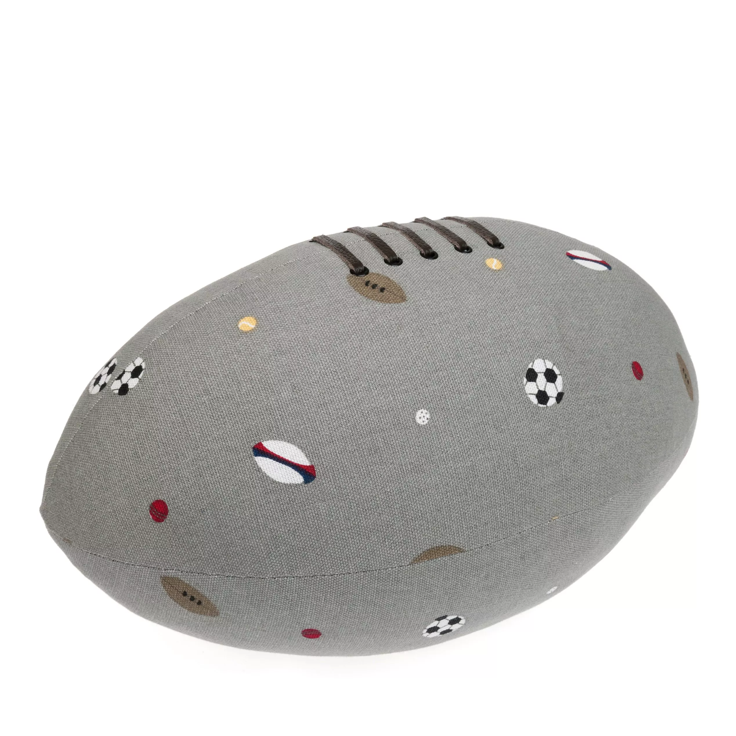 Grey fabric American football cushion with sports print, stitched laces detail, ideal kids bedroom décor accessory