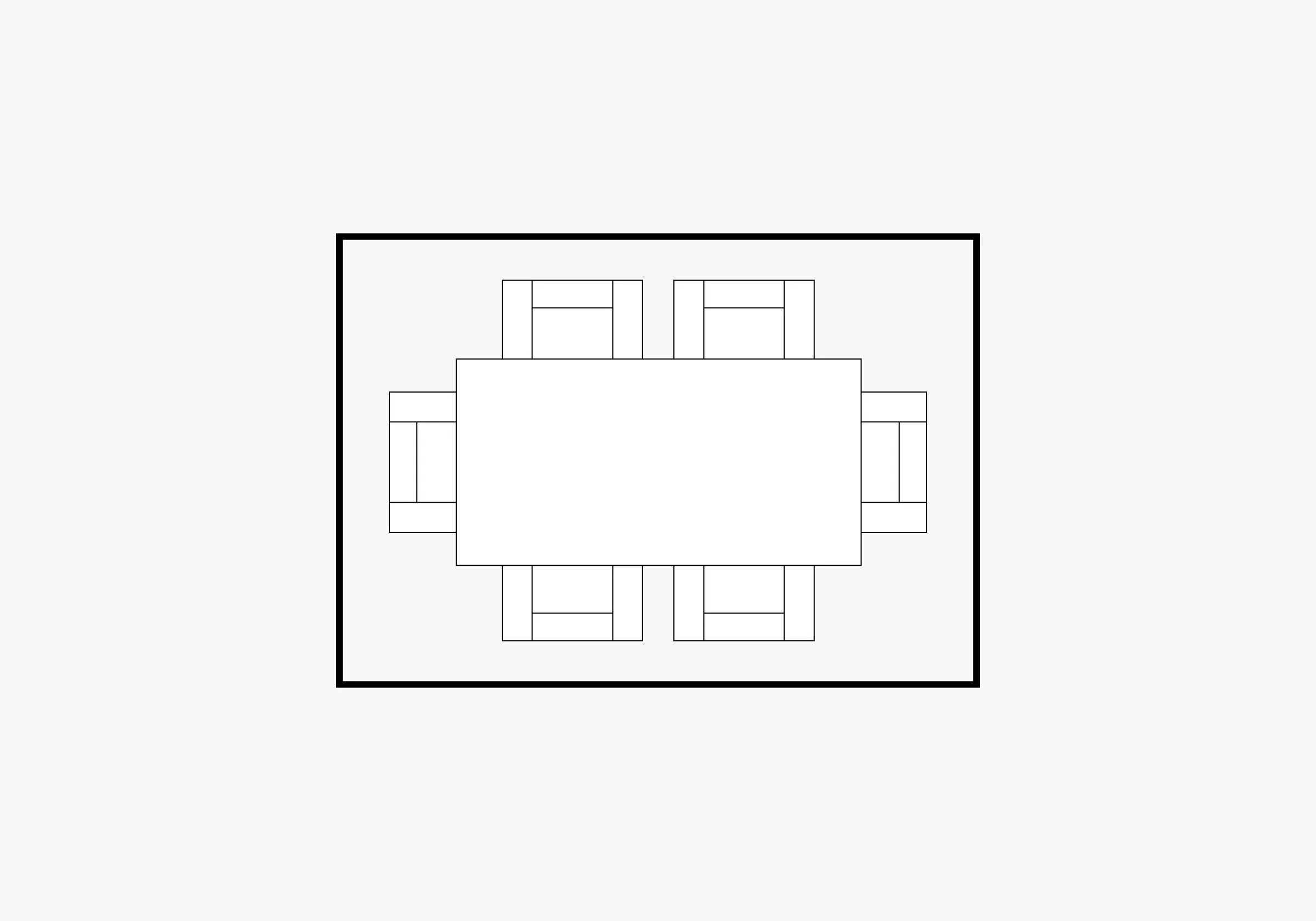 Minimalist floor plan showing a rectangular dining table with six chairs surrounding it.