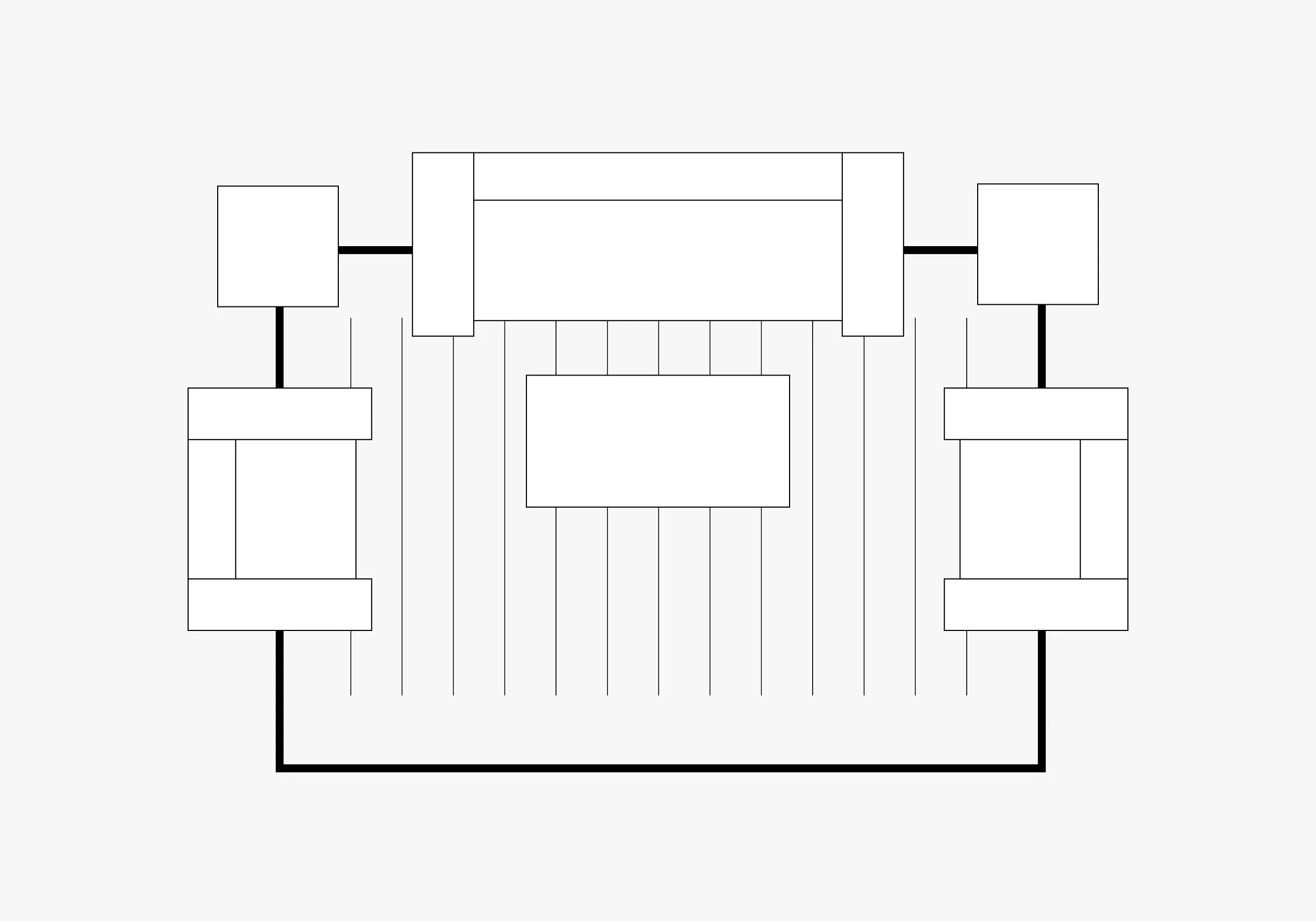 Minimalistic living room layout with a sofa, armchairs, table, and rug. Symmetrical design, top-down view.