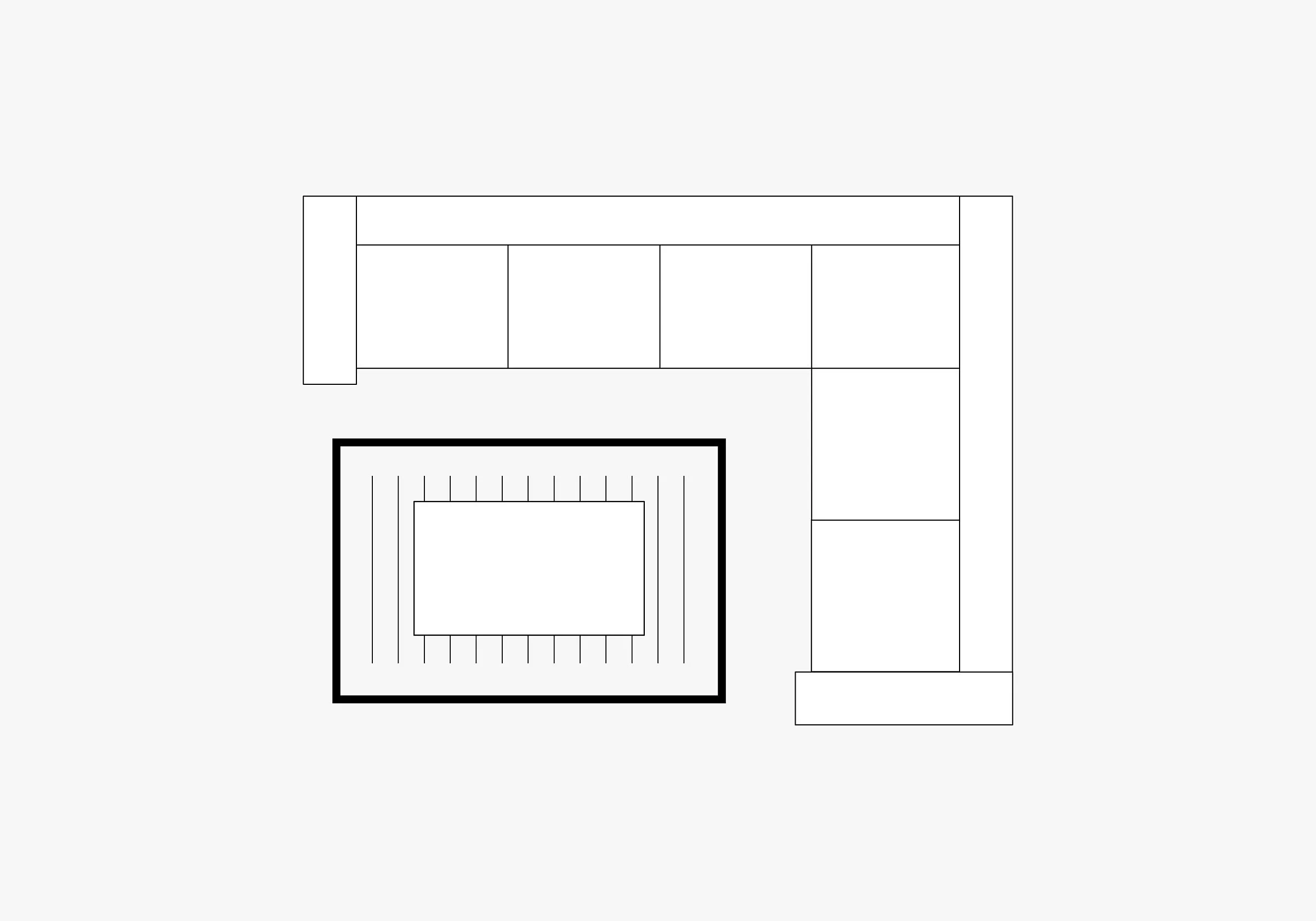 Schematic of a living room with an L-shaped sofa and a rectangular coffee table on a patterned rug.