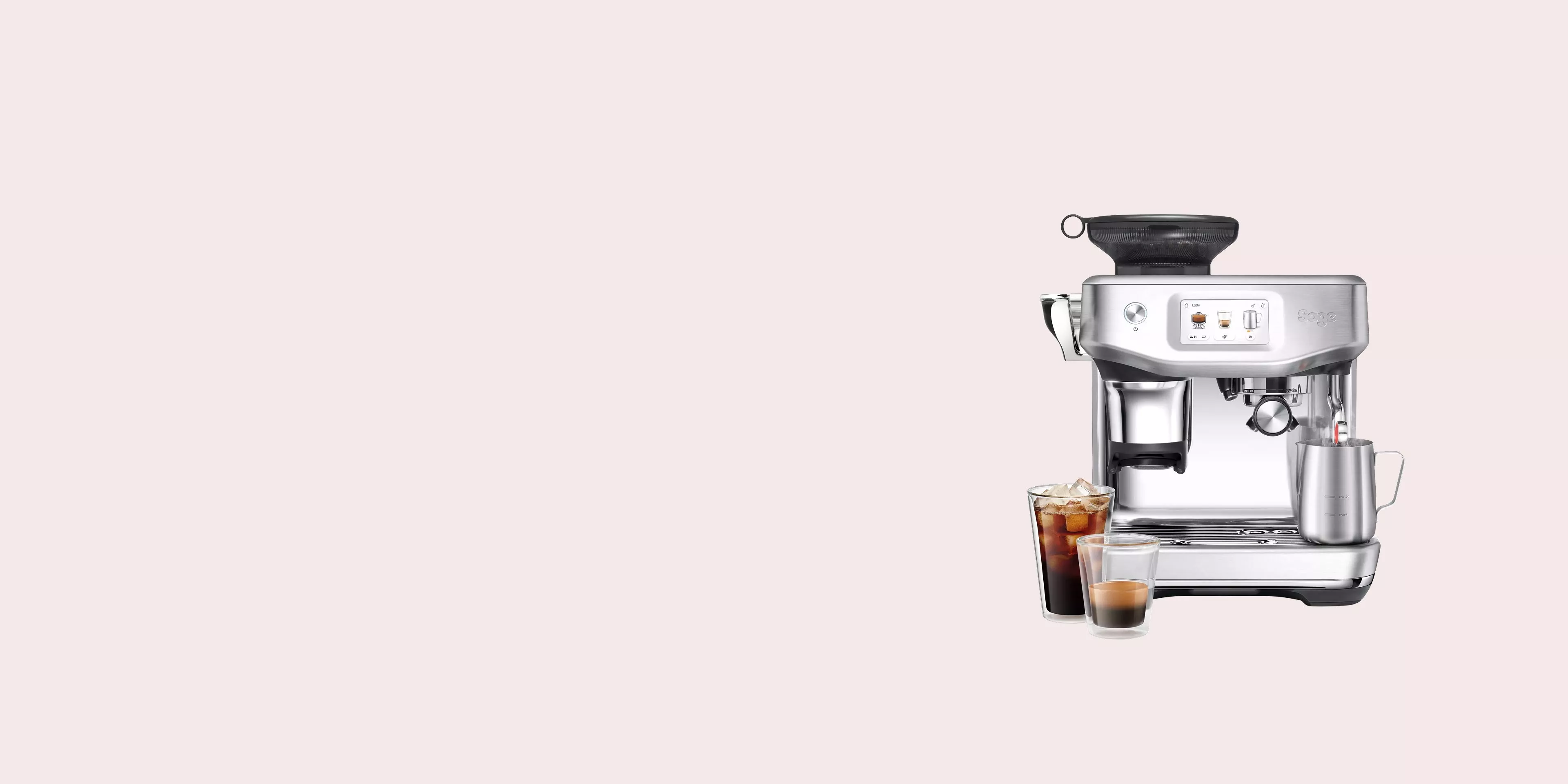 Stainless steel Sage espresso machine with built-in grinder, touchscreen and milk frothing jug on pale background
